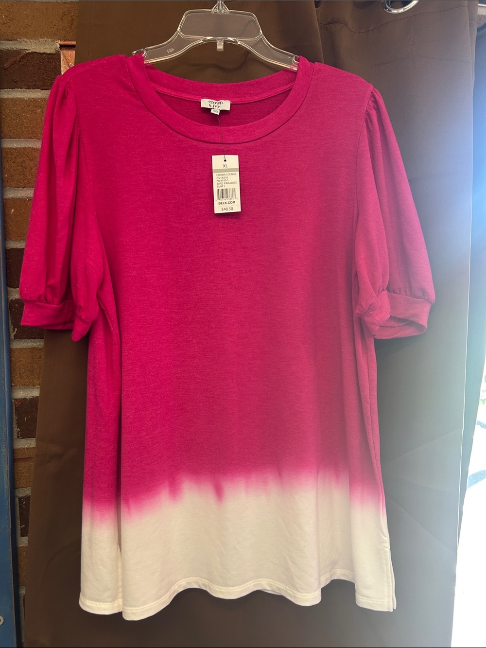 Crown & Ivy Shirt Womens XL Pink White Ombre Short Sleeve Scoop Neck Ruched